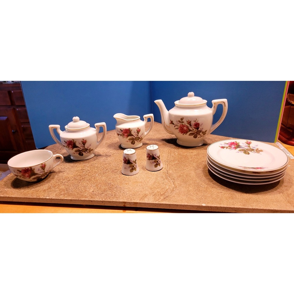 Vintage Miniature Porcelain Tea Set Pink Rose Floral Gold Trim Collection